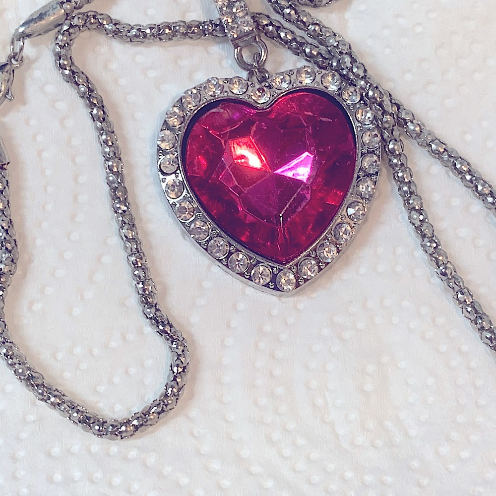 Crystal CZ Red Pink Heart Necklace Rhinestone Silver 18-22" chain NEW NWT - Picture 3 of 15